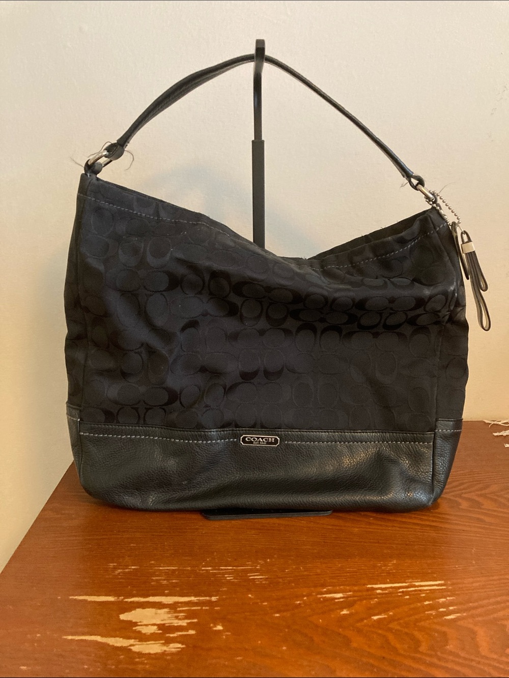 Coach Black Signature Jacquard Hobo with Leather Trim
